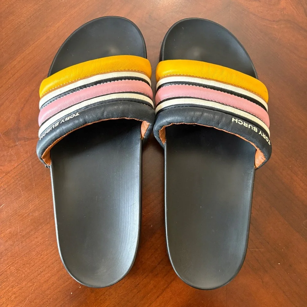 Tory Burch Slides Sandals 9 Striped Rainbow Padded Leather Sporty Slip On Womens